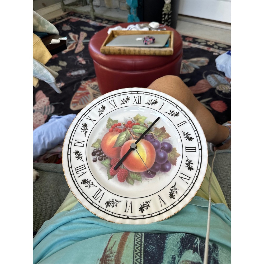 Vintage Fine Bone China Wall Clock Made in England B Hague Fruit Motif Gold Rim